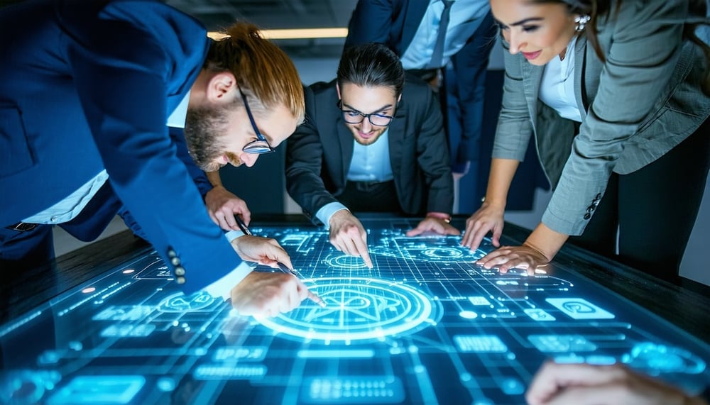 Business professionals collaborating on technology solutions